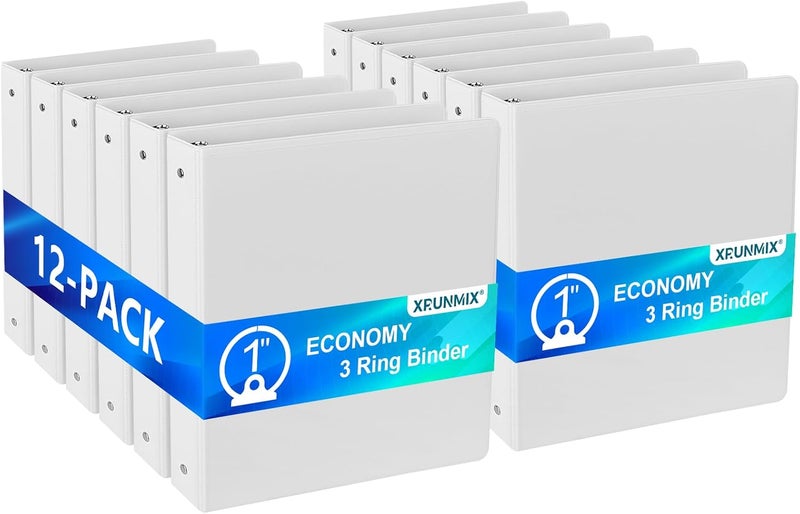 XRUNMIX Economy 3-Ring Binders, 1 Inch, Round Rings, 200 Sheet Capacity, ClearVue Presentation View, Non-Stick, White (12) - Image 1
